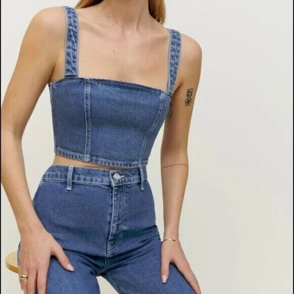 Reformation Sunny Denim Two Piece Set Womens Size 6 Blue Organic Cotton Crop NWT - Picture 2 of 16